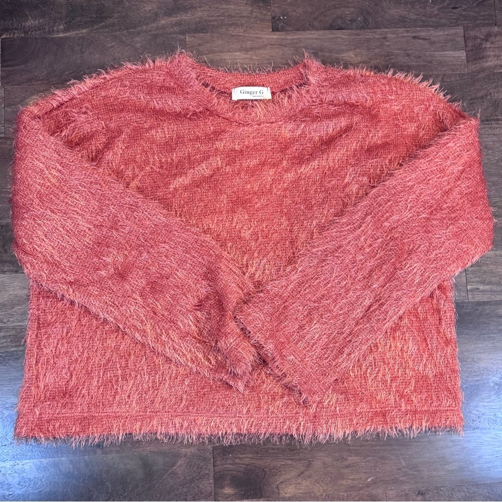 Ginger G Eyelash Oversized Orange Pullover, Size Small